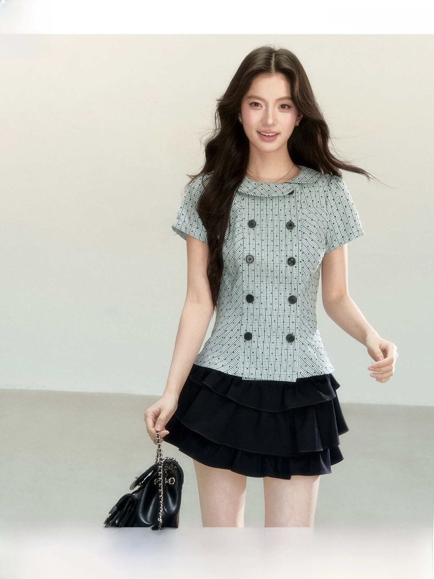 Artistic Girl Doll Collar Plaid Shirt Short Sleeve Waist Cinching Slimming School Style Shirt Polyester Cotton Blend Summer N...