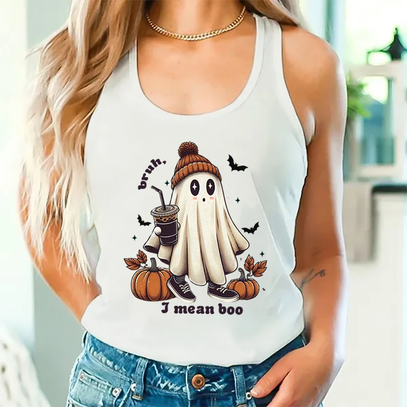 Bruh I Mean Boo Graphic Tanks Women Vintage Ghost Coffee Lover Racerback Tank Top Halloween Pumpkin Ghost Drinking Coffee Tops