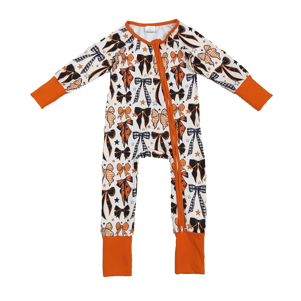 

8.16 Baby Winter Rompers Baby Boys Orange Black Bows Stars Halloween Zipper Footie Rompers