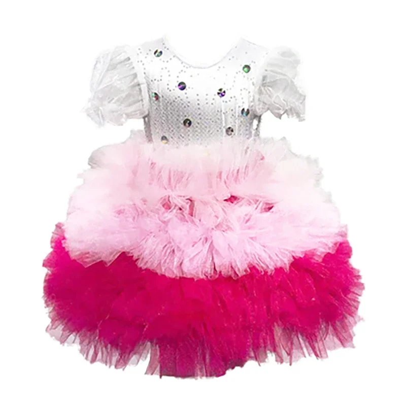 Kids Ballroom Clothing Sequined Tulle Evening Party Cake Tutu Prom Gown Children Wedding Stage Wear Toddler Modern Dance Dress