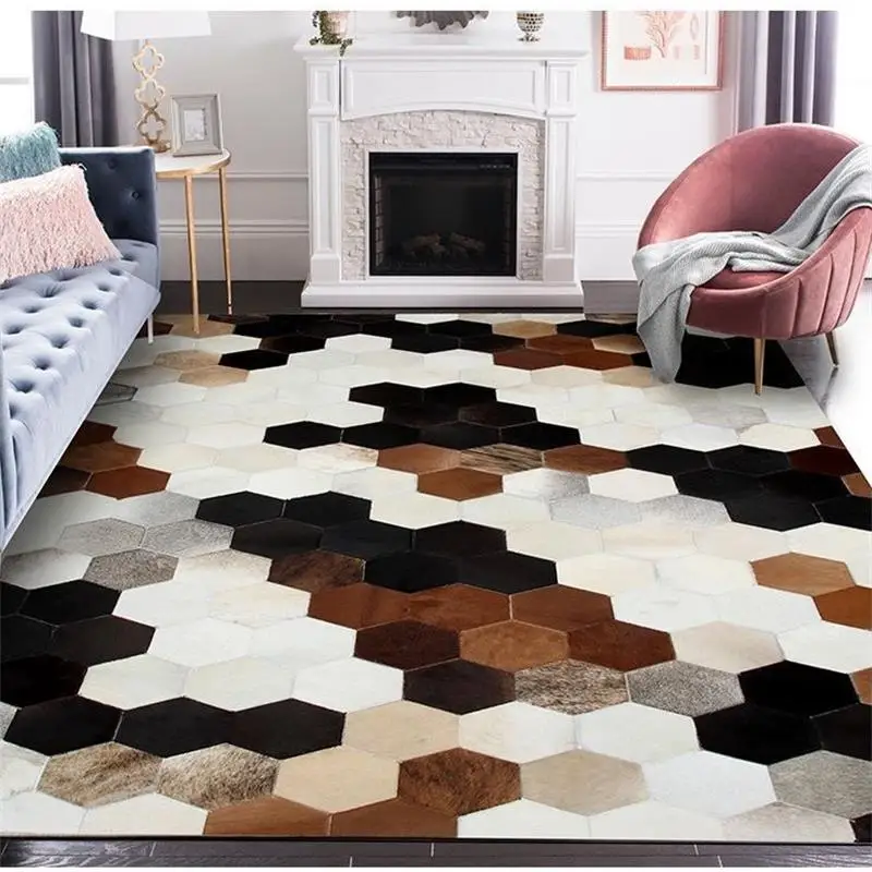 

Brown Black Cowhide Carpet For Living Room Home Hexagonal Grid Rugs For Bedroom Nordic Sofa Coffee Table Floor Mat Study Rug
