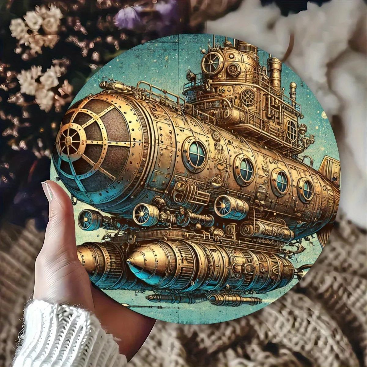 2D 8X8 Inch Round Metal Signage, Submarine, Gift Bedroom Home Decor Bedroom, Office, Living Room, Cafe, Bar, Wall Decor, Home An