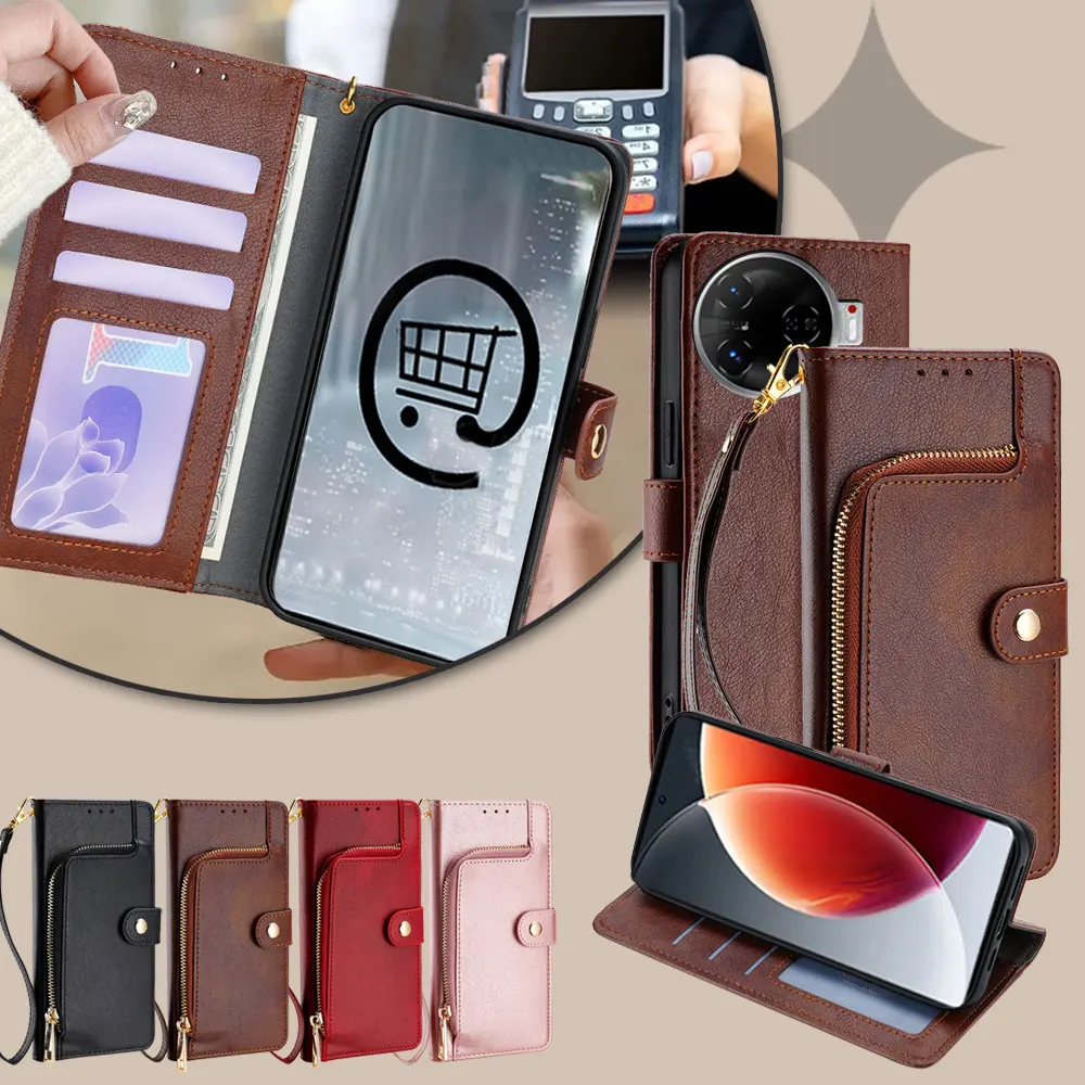 

Кожаный флип-чехол GEFENIS на молнии с держателем для карт и металлической пряжкой для Tecno Camon 30 Pro 30 Premier Pova 6 Pro Protect