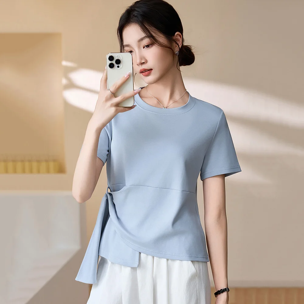 New Women Summer Irregular Design Short T-shirt Fashion O-Neck Short Sleeve Slim Waist Asymmetric T-shirt Casual Cotton T-shirt