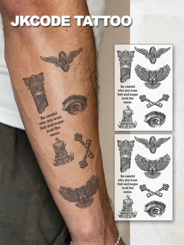 2-Piece Set of Waterproof Semi-Permanent Tattoos, Hand and Neck Sketch Designs, Roman Column, Flywheel, Owl Temporary Tattoos, Waterproof, Realistic Fake Tattoos, Plant Tattoos, Wrist Tattoos, Magic Tattoos, Lasts 1-2 Weeks, Unisex Tattoos