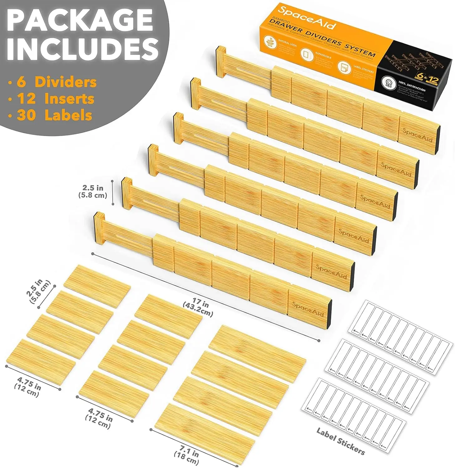 Bamboo Drawer Dividers with Inserts and Labels, Adjustable Organizers for Kitchen, Office, Dressers, Bathroom | 6 Dividers, 12 I