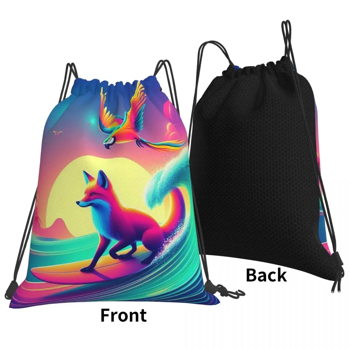 Surfing Fox And Tropical Parrot Neon Adventure Backpacks Portable Drawstring Bundle Pocket Sports Bag Book Bags Travel Students