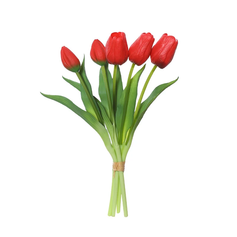 1 bundel van 5 gesimuleerde tulpen, binnenhuis rekwisieten schieten gesimuleerde bloemen, Valentijnsdag bruiloft vaas bloemstuk - afbeelding 2