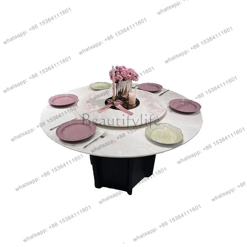Pink luxury stone round table with turntable French antique modern simple household solid wood dining table small apartment