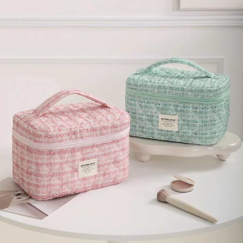 

Elegant Tweed Makeup Bag Travel Cosmetics Storage Bag High-end Sense Large Capacity Toiletries Box Bag Multi Functional Handbag