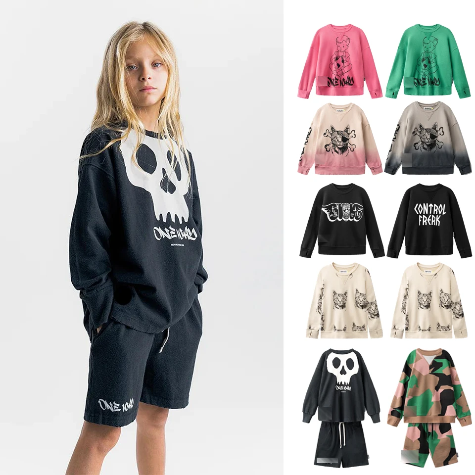 

24 N Sweatshirt with Bandit Cat Skull Caddy Children Clothes Sets Personality Versatile Neutral Wear Youngster Clothing