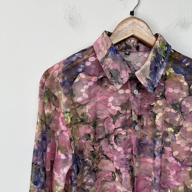 Men's 2025 Four Seasons Wear New Retro Colorful Shirts Embroidered Perspective Mesh Gauze Trendy Tops Niche Original Men's Shirt