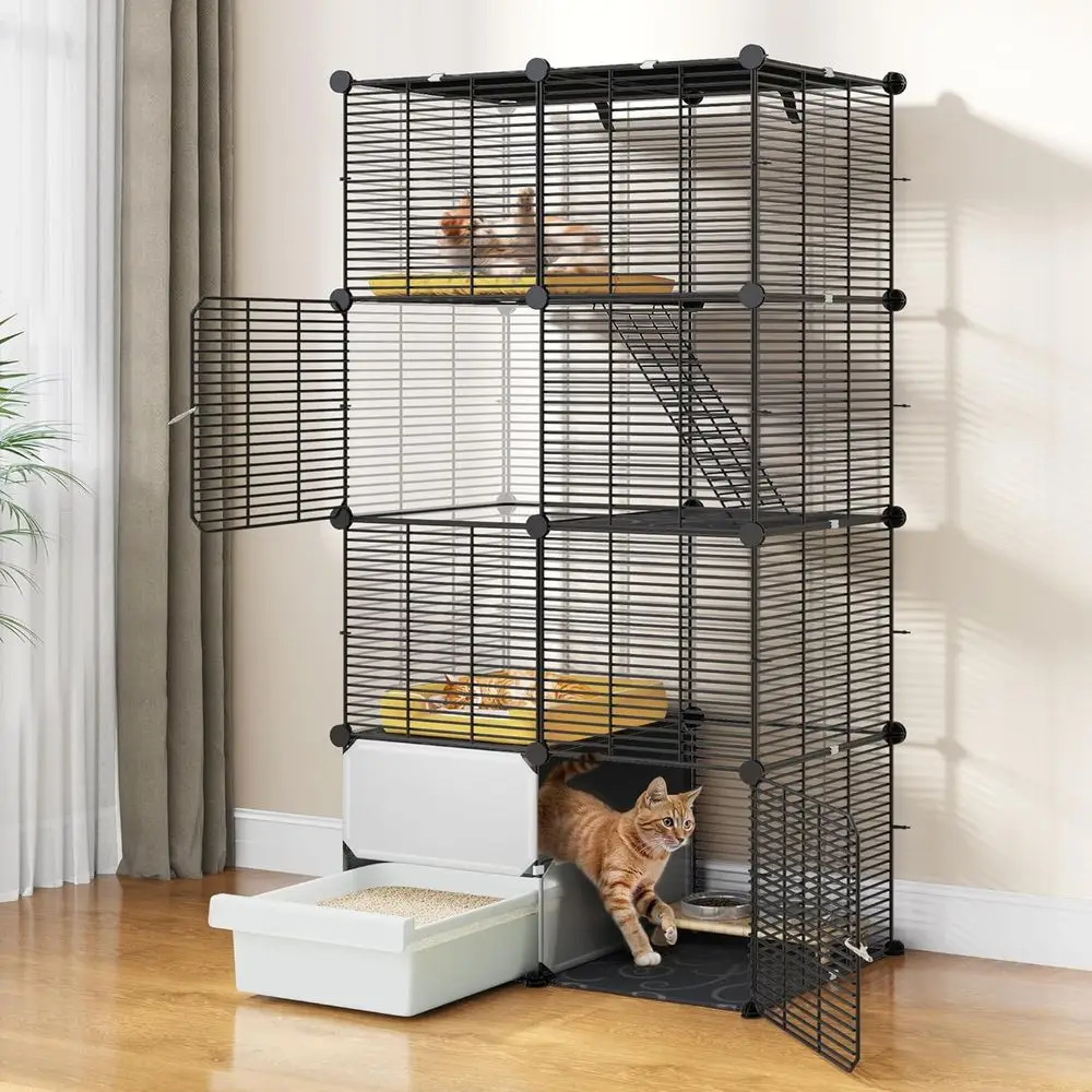 

4-Tier Indoor Cat Enclosure with Litter Box for 1-2 Kittens, Black