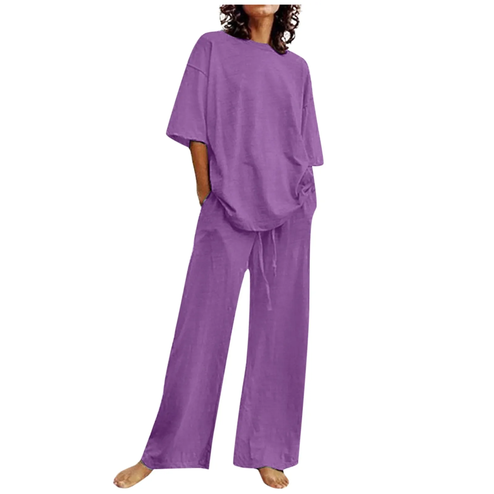 

Брюки Женские однотонные повседневные, комплект из двух предметов, с эластичным поясом, с карманами на шнурке, с коротким рукавом и широкими штанинами