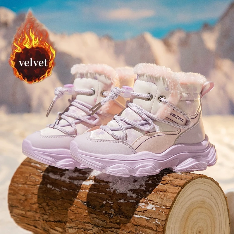 

Outdoor Velvet Kids Winter Boots Warm Plush Boy Girl Snow Boots High Top Platform Shoes Comfort Leather Children's Ankle Boots