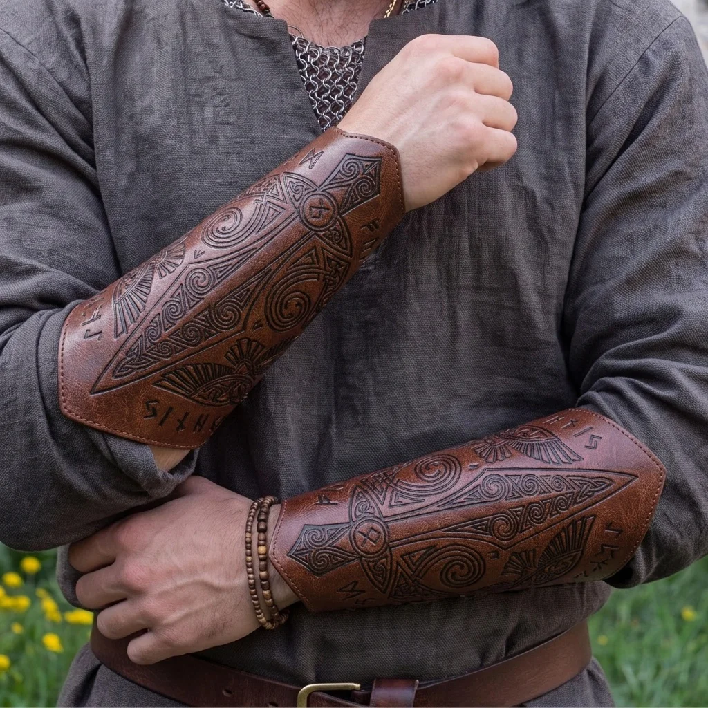 2er-Pack Kunstleder-Armbänder, Wikinger-Mittelalter-Armschützer, Armbänder, Renaissance-Kostümzubehör für Halloween, LARP, Cosplay – Detail 1