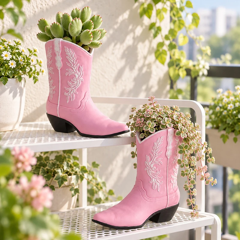Pink Cowboy Boot Resin Succulent Planter Vintage Embroidery Western Mini Flower Pot Desktop Balcony Home Decor Creative Gift