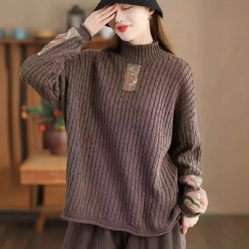 الشتاء الخريف أزياء الياقة المدورة خمر المرقعة سترة للنساء نوعية جيدة طويلة الأكمام فضفاضة عارضة البلوز تريكو قمم #3