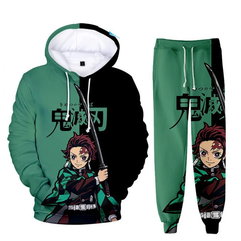 Anime Demon Slayer Hoodies 3D Printed Cosplay pants+Hoodie 2PCS Set Tracksuit Men Oversize Vintage Streetwear Hoodie Pants Sets