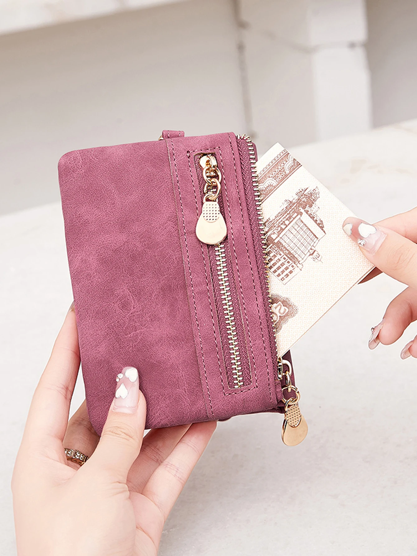 Retro double  fold PU leather short wallet with zipper coin pocket  multiple card slots and wrist band casual portable card clip