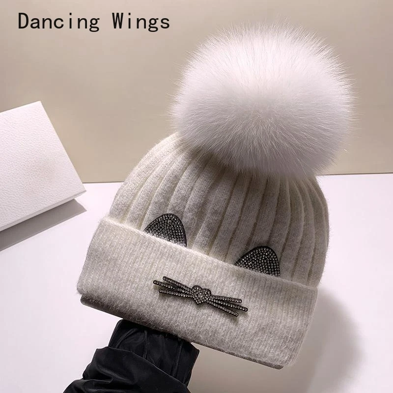 

Women Winter Fur Ball Cap Wool Hats Beanie Cap Woman Female Warm Rabbit Fur Blend Knitted Fur Pompom Hat Caps