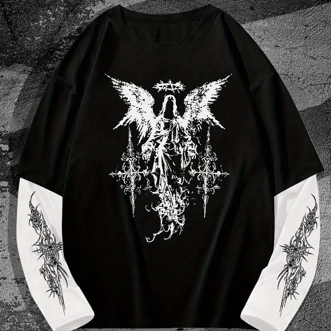 Men's Gothic Streetwear T-Shirt Dark Angel Wing Graphic Print Casual Hip-Hop Style Geometric Pattern Men Clothing