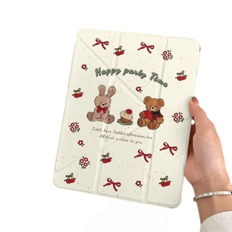 Cute Bear Bunny Pen Slot Tablet Case For iPad 2026 Air 8 7 6 4 3 2 1 Pro 2024 11in 12th 11 10 9 8 7 6 5th Cover