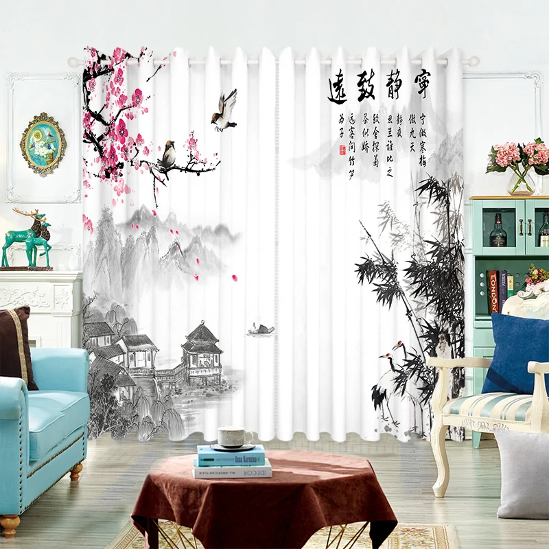 2 panel Retro Chinese Curtains Plum Tree Moon Bird Printed Curtains for Girls Bedroom Luxury Living Room Window cortinas Drapes