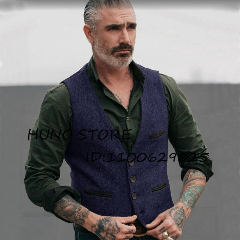 Herringbone Mens Vest V Neck Single Breasted Punk Wool Sleeveless Jacket Wedding Evening Brown Male Tank Top Gilet Mannen