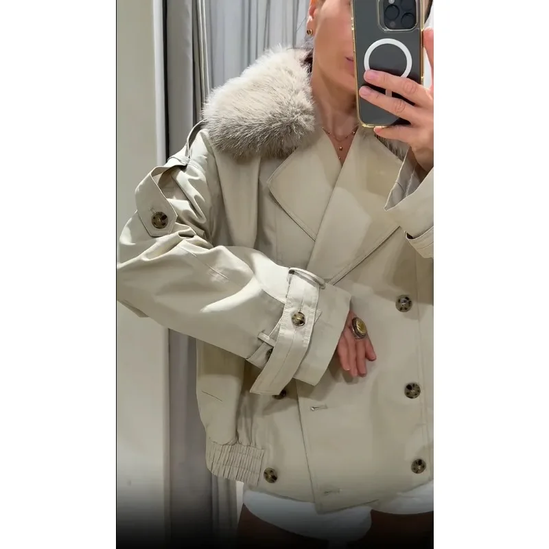 Cappotto corto giacca a vento corto con collo in pelliccia chic Moda donna Giacca ampia con tasca doppio petto Capispalla da ufficio per pendolarismo quotidiano autunnale