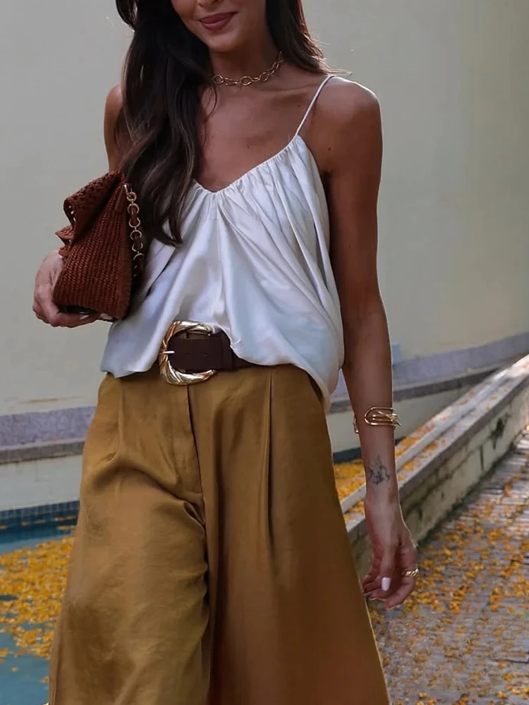 

Women Satin Cropped Camisole Top Asymmetric Pleated V-neck Halter Back Solid Color Spaghetti Strap Sleeveless Evening Vest