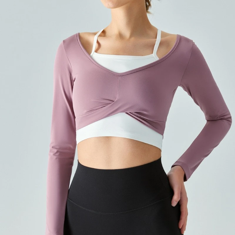 

New Hanging Neck Yoga Long Sleeve Shirt Front Cross Pleated Slim Fit Yoga Top Breathable Fitness Clothing