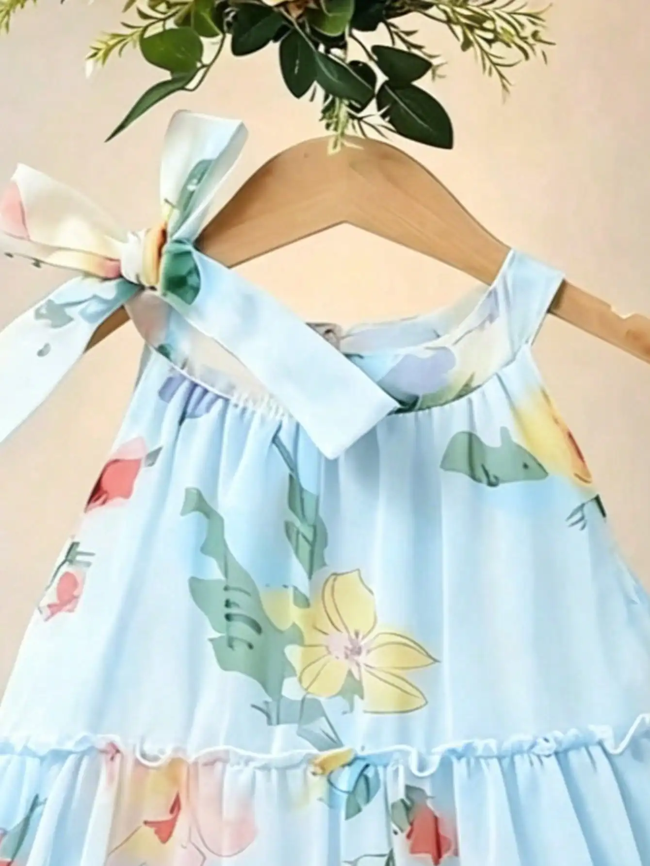 Mädchen Lässiges Bequemes Rundhals-Ärmelloses Kleid mit Blumen- und Blattdruck A-Linien-Rock Kinderbekleidung – Detail 10