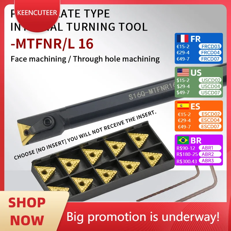 

1 pcs S16Q-MTFNR16/S18Q-MTFNR16/S32T-MTFNR16 internal turning tool and TNMG16 carbide insert
