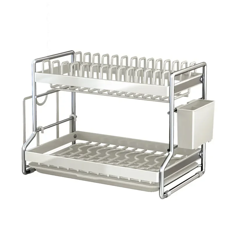 Kitchen Rust-Proof Dish Drying Rack Desktop Dishes Bowls Plate Cutlery Pot Lid Rack Organizer 2-Tier Compact Kitchen Dish Shelf