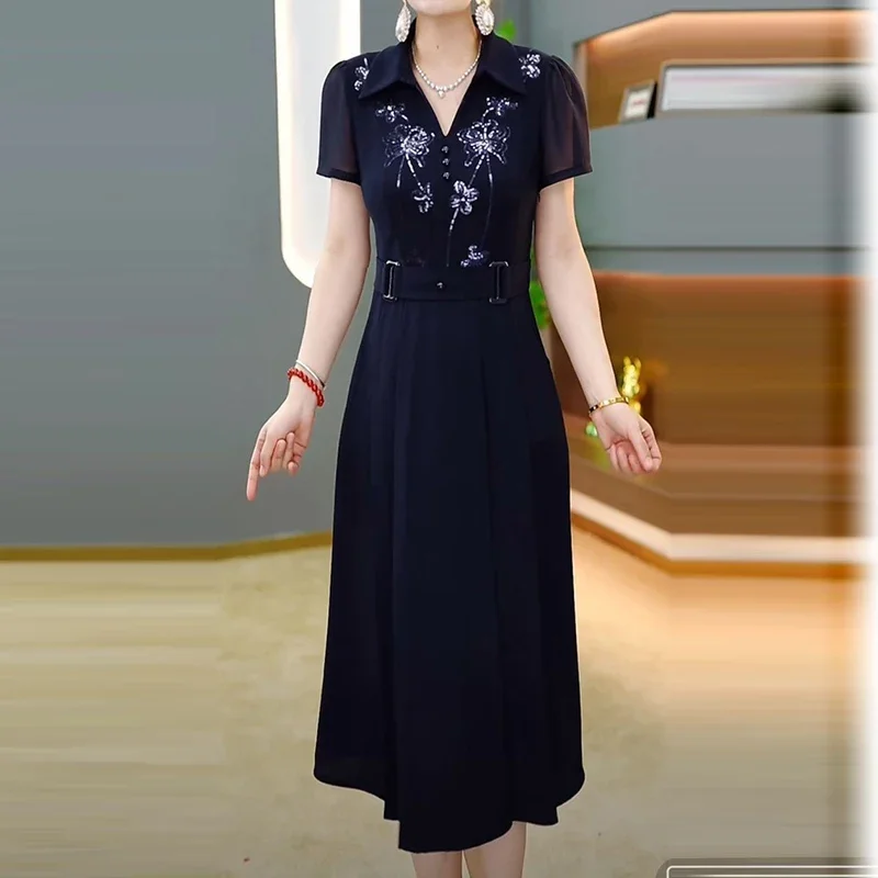 

New summer fashion dress with high-end sequin collar, high waist,, slimming medium to long length for women