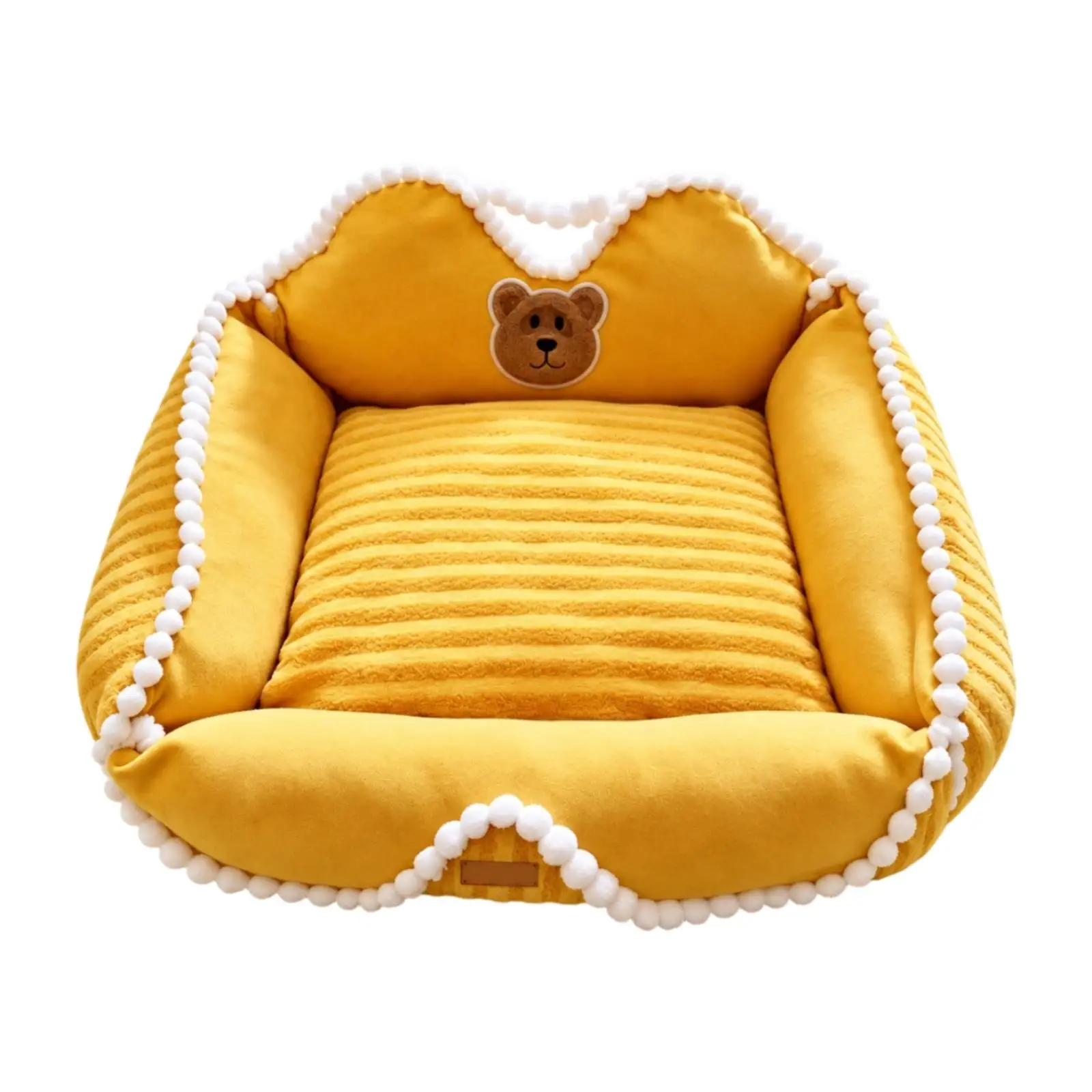 Square Pet Bed with Tassel Trim Enclosed Soft Pet Bed with Bear Appliqué Soft for Cats, Sleeping, Napping