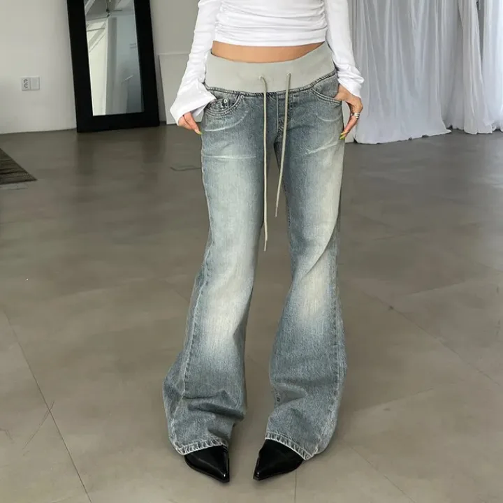 

Casual Loose Fit Slim Jeans High Waist Threaded Waistband Thin Fabric Light Blue Cotton Jeans Women's Fashion Jeans