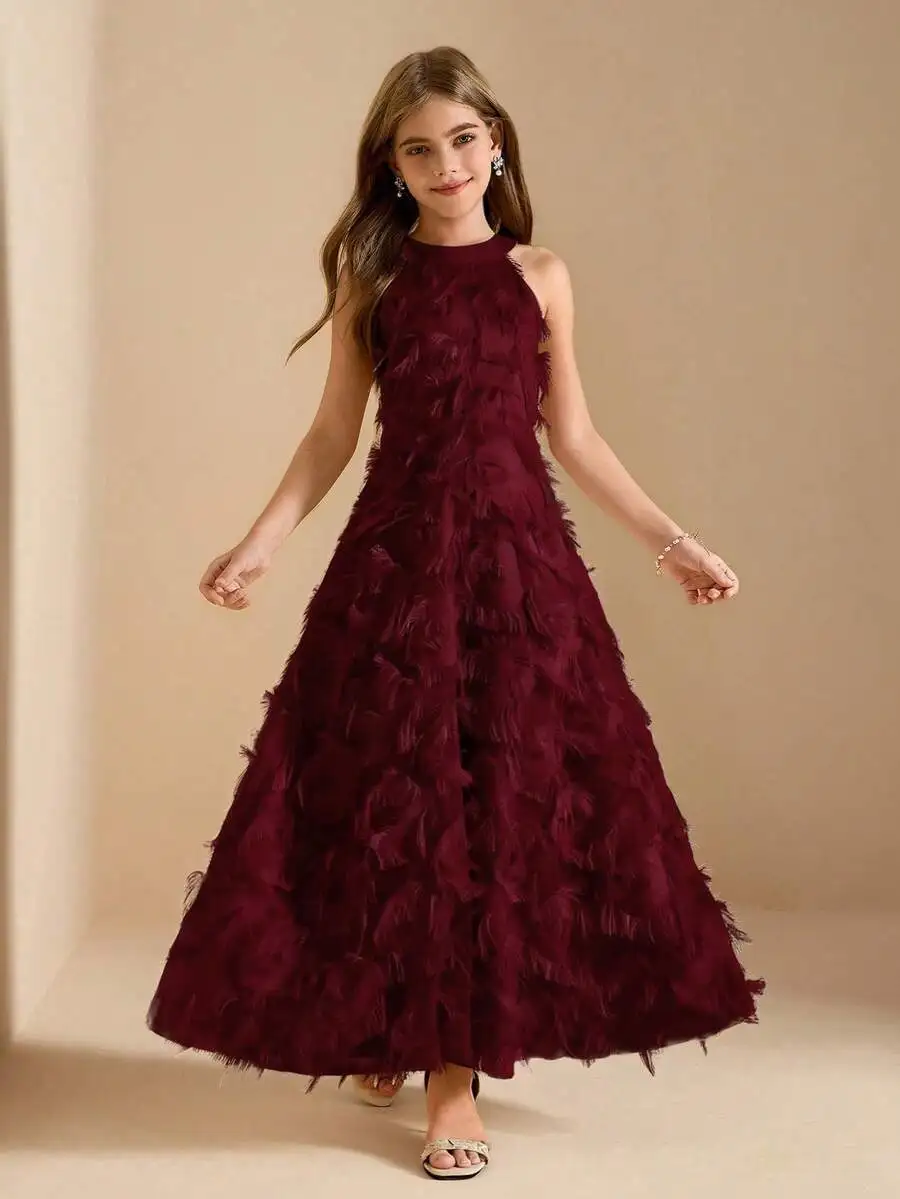 

Burgundy Halter Neck Feathered A-Line Floor Length Evening Dress For Formal Occasions