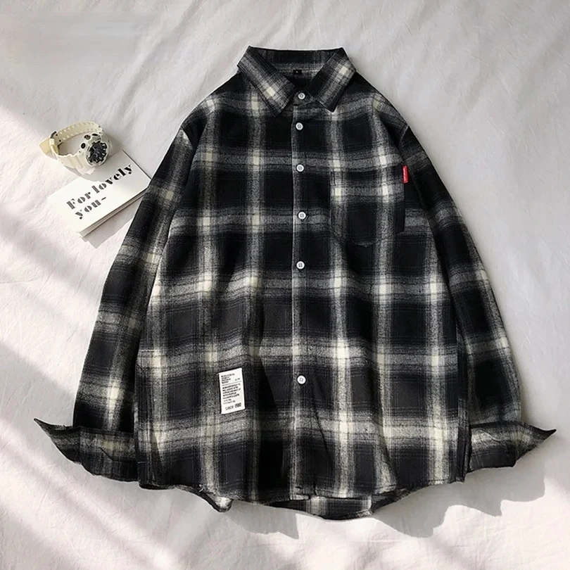 Harajuku Plaid Shirts Men\'s Spring Summer High Quality Casual Flannel Men Oversized Loose Retro Long-sleeved Shirts M-3XL