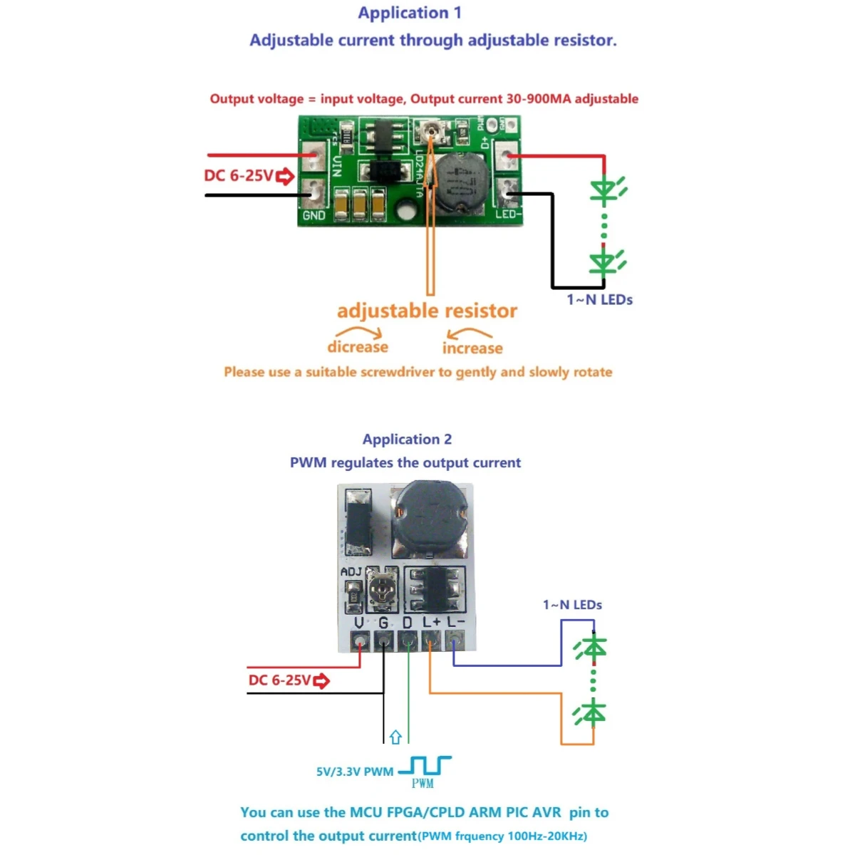 LD24AJTA DC 6-24V 30-900mA Adjustable LED Driver PWM Controller DC-DC Step-down Constant Current Converter