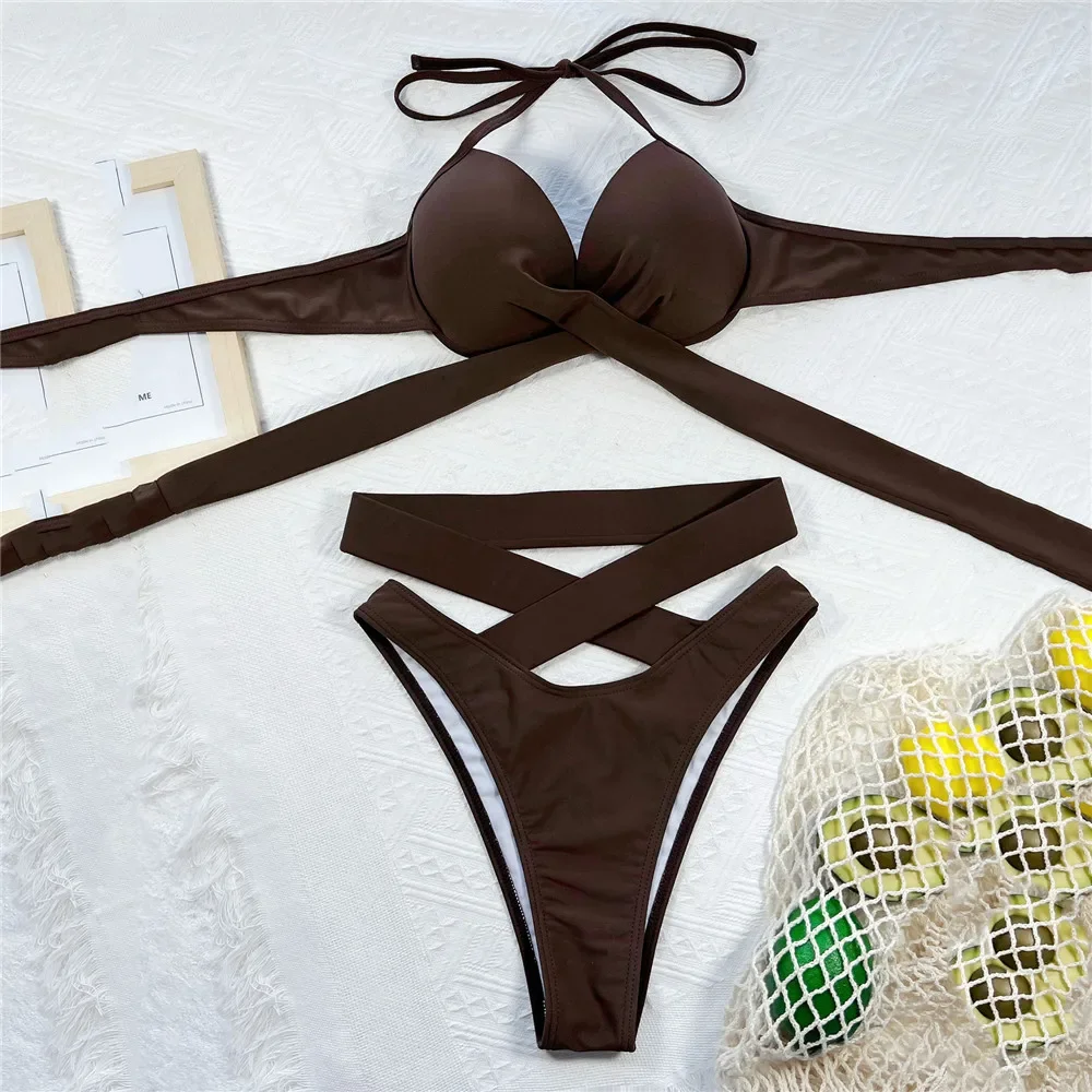 Twisted Bandage Halter Bikini 2025 Mujer High Waist Swimwear Women Swimsuit Bathing Suit Brown Brazilian Bikinis Sets Beach wear