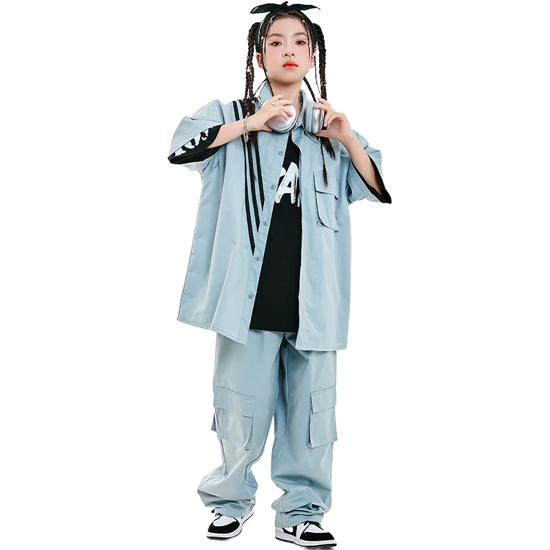 2025 trajes de dança hip hop crianças terno azul calças carga meninas meninos equipe dança rua jazz dança desempenho palco wear dn20451
