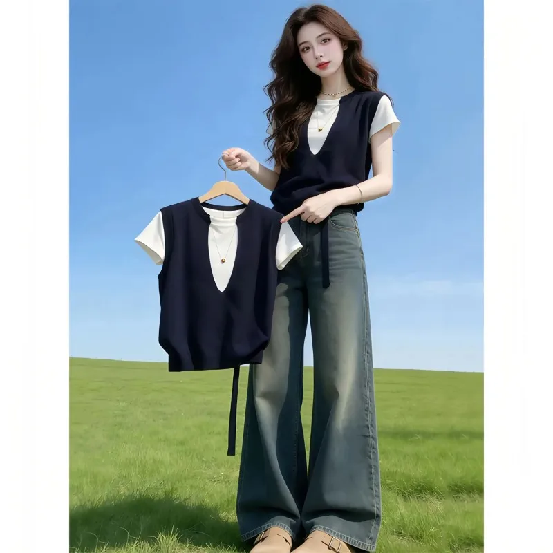 Women Clothing Summer Korean Fashion Simplicity All-match Fashionable Temperament Color Blocking Short Sleeve Fake Two Pieces