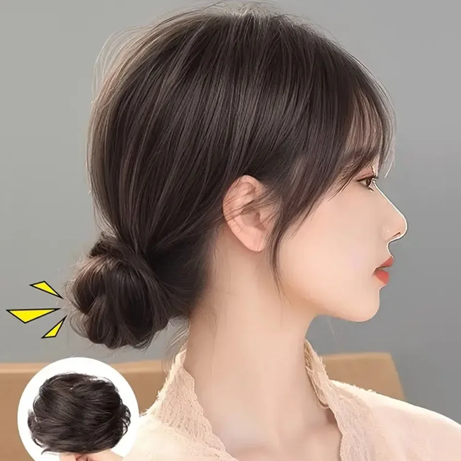 쉽게 착용할 수 있는 합성 업두 가발 우아한 스트레이트 시뇽 번 헤어 고무 밴드 포함 열 저항성 섬유 포니테일 헤어피스