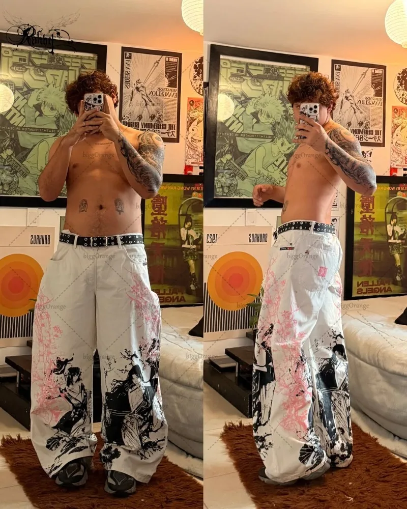 Pantalones Vintage Harajuku, ropa de calle, pantalones vaqueros Y2K con estampado de animación Retro de calle alta, Pantalones rectos de pierna ancha informales a la moda para hombres