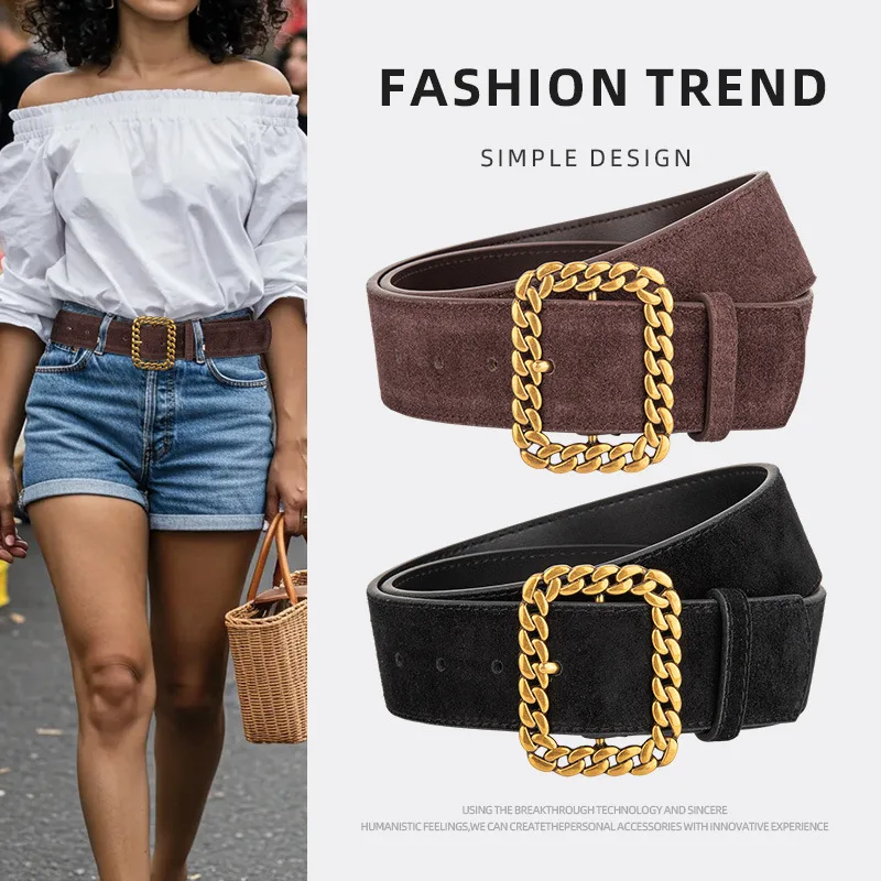 

Женский винтажный замшевый корсет из натуральной кожи с золотой пряжкой, женское пальто с поясом, платье с поясом, широкий пояс J1648