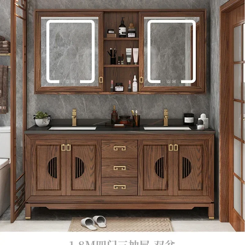 Vintage Oak Bathroom Cabinet, Solid Wood, Vanity Cabinet with Sink, Ceramic Washbasin Slate, Countertop Furniture