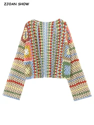 BOHO Mix Cardigan all'uncinetto a mano multicolore Vintage donna senza bottoni cuciture aperte maglione a maniche lunghe maglione corto in maglieria