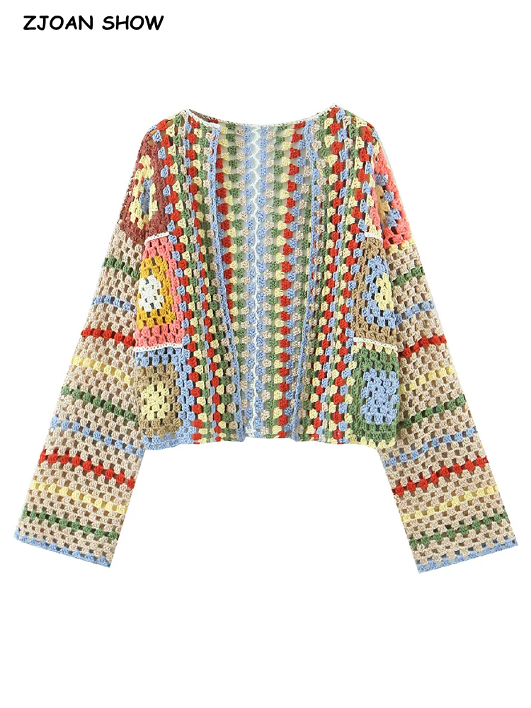 BOHO Mix Multi Color Hand Crochet Cardigan Vintage Woman No Button Open Stitching Full Sleeve Sweater Short Knitwear Jumper